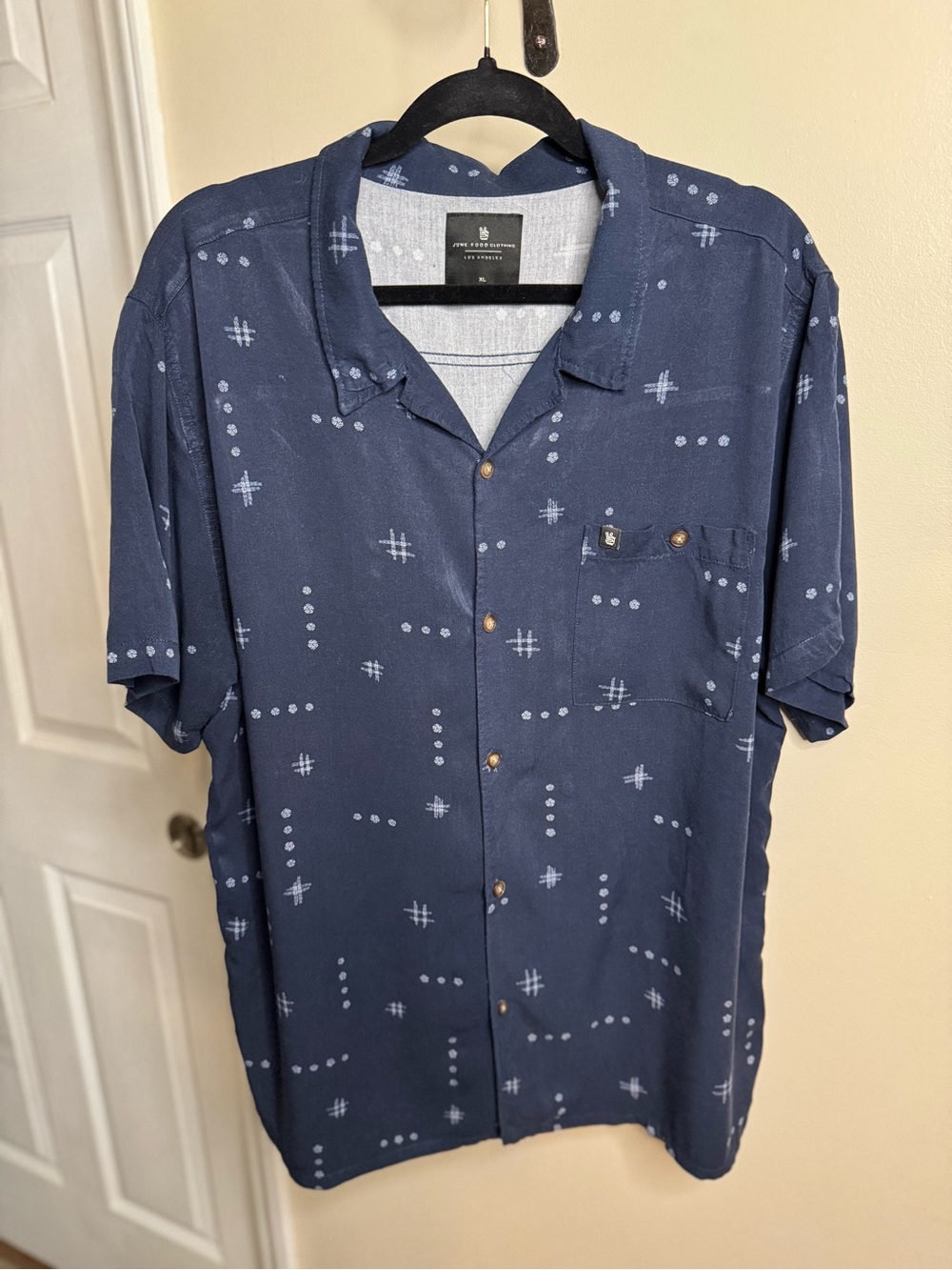 Junk Food Clothing Navy Short-Sleeve Button-Front Camp Shirt w/ White Pattern XL